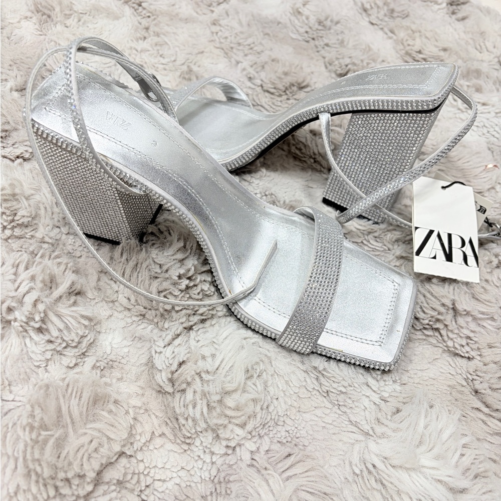 ZARA Silver Rhinestone Block Heel Sandals
